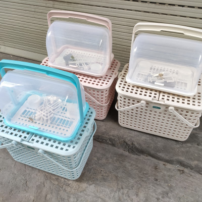 Combo kệ úp bình sữa và Giỏ đựng đồ cho Mẹ đi sinh bằng nhựa cao cấp quai giữa có nắp đậy HOKORI - Nhiều Màu (tặng bộ chổi vệ sinh có nam châm hít từ )