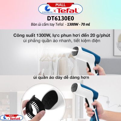 Bàn ủi cầm tay Tefal DT6130E0 1300W - Hàng Chính Hãng - Bình nước  70 ml, Mặt đế  Nhựa, Chức năng  Ủi hơi nước