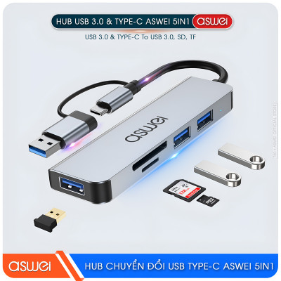 Hub Chuyển Đổi USB Type C ASWEI 5 in 1 - USB 3.0, SD, TF Tốc Độ Cao - Hàng Chính Hãng
