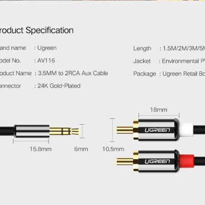 Ugreen UG10590AV116TK 3M màu Đen Cáp âm thanh 2 đầu Bông sen sang 3.5mm Dương mạ vàng - HÀNG CHÍNH HÃNG