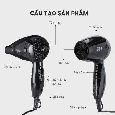 Máy sấy tóc mini Lebenlang LBL3083, chống xơ rối tóc bằng công nghệ ion 1200W, nhỏ gọn tiện lợi, tặng kèm túi đựng, bảo hành 2 năm - hàng chính hãng