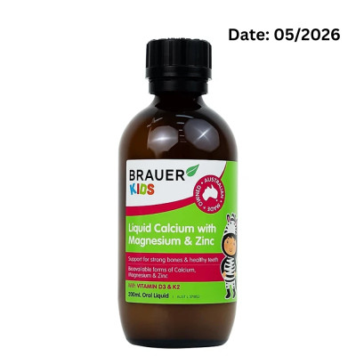 Siro Brauer Kids Liquid Calcium with Magnesium and Zinc nhập khẩu từ ÚC - Bổ sung Vitamin Canxi, Magie và Kẽm cho trẻ từ 1 tuổi (200ml)