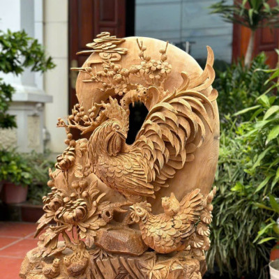 Tượng gia đình gà phong thủy bằng gỗ ngọc am kt 86×66×37cm