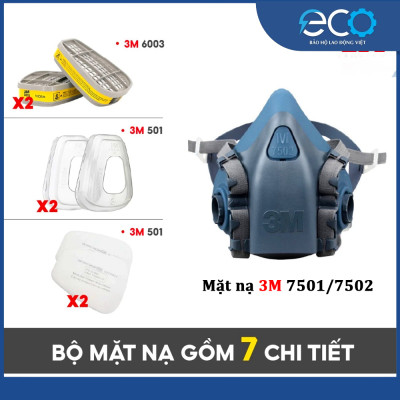 Combo (7 món) mặt nạ phòng độc 3M 7501, 7502 kết hợp phin lọc 3M 6003, tấm lọc bụi 5N11 cùng nắp giữ 501  lọc hơi độc Hơi hữu cơ vô cơ Phun sơn Phun xịt thuốc sâu Mặt nạ chính hãng 