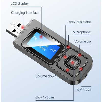 Bộ Thu Phát Bluetooth 5.0 Không Dây Đa Năng Kèm Màn Hình LCD – Hàng Nhập Khẩu Usb Bluetooth 5.0 có màn hình hiển thị thu phát âm thanh HIFI Stereo cho tivi loa, âm ly laptop, PC