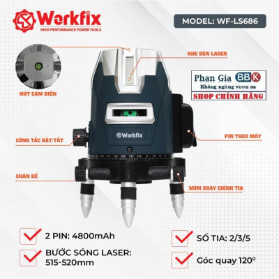 Máy cân mực laser WORKFIX WF-LS686, 5 tia xanh bóng LED siêu sáng, Phím cảm ứng