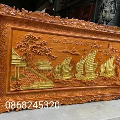 Tranh thuận buồm xuôi gió bằng gỗ gõ pu dát vàng cao cấp kt 67×127×4cm