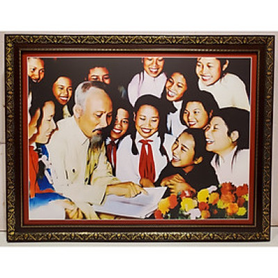 TRANH IN DẦU - BÁC HỒ GẶP GỖ THIẾU NIÊN VIỆT NAM ( KT 70*90CM)