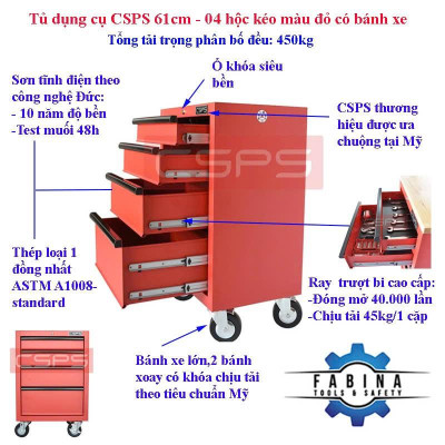 Tủ dụng cụ CSPS 61cm - 04 hộc kéo màu đỏ có bánh xe