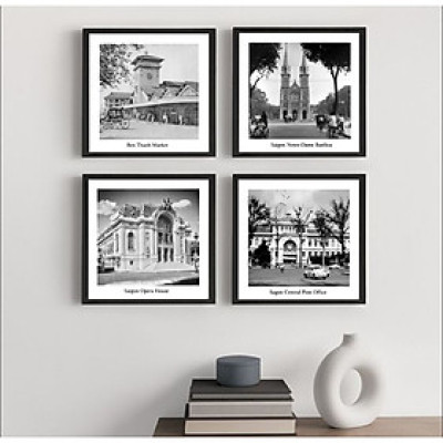 Tranh treo tường sài gòn 7 trang trí decor quán bộ 4 tấm kèm đinh