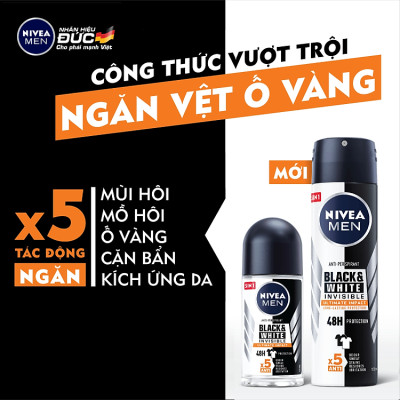 Lăn Ngăn Mùi NIVEA MEN Black&White Ngăn Vệt Ố Vàng Vượt Trội - Hương Mạnh Mẽ (50 ml) - 85392