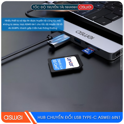 Hub Chuyển Đổi USB Type C ASWEI 6 in 1 - HDMI, USB 3.0, SD, TF, PD 100W Tốc Độ Cao - Hàng Chính Hãng