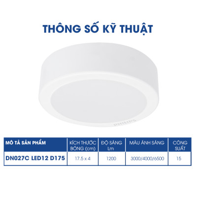 Bộ Đèn Philips LED Ốp Trần tròn lắp nổi DN027C- Công suất (11W, 15W, 18W, 23W)