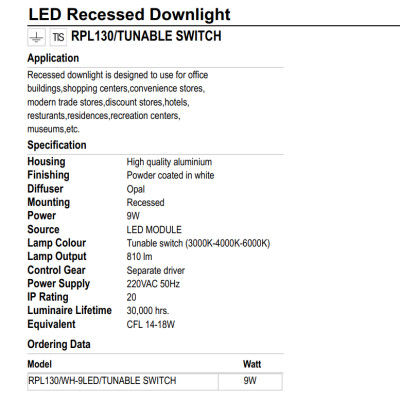 ĐÈN LED ÂM TRẦN LUMAX#RPL130/W-9LED/3K,4K,6K 