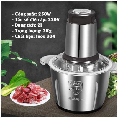 Máy Xay Thịt Cối Inox 304 Loại 4 Lưỡi Đa Năng Công Suất 250W Máy Xay Mini Cầm Tay Siêu Khỏe Dễ Dàng Sử Dụng  Dung Tích 2 Lít - Hàng Nhập Khẩu