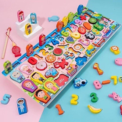 Bộ Đồ Chơi Gỗ Xếp Khối, Giáo Cụ Montessori Ghép chữ, Ghép số, Câu Cá, Ghép Hình Cho Bé WOODRABIT - Chính Hãng Toy kid