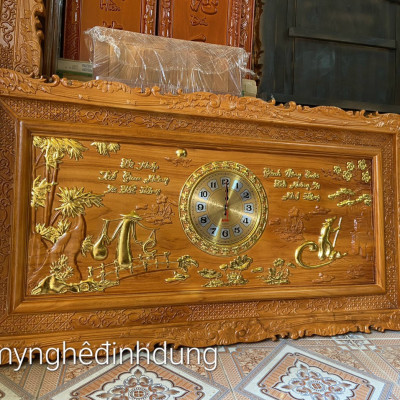 Tranh đồng hồ treo tường khắc chữ cha mẹ bằng gỗ gõ đỏ