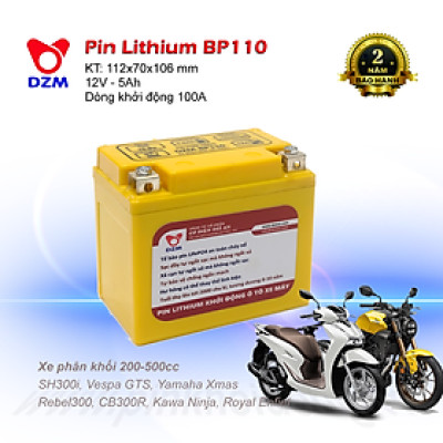 Pin khởi động Xe máy Mô tô DZM BP110, Tuổi thọ 8-10 năm | Thay Ắc quy chì | Pin Lithium LifePO4 | 12V - 5Ah - 100A | Phù hợp với các dòng xe máy phân khối 200-500cc