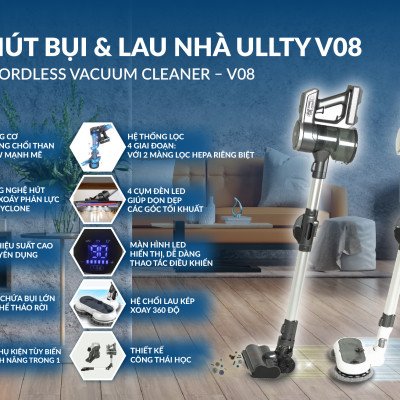 Máy hút bụi lau nhà cầm tay không dây thông minh Ultty V08 - Lực hút 24000 pascal - Hàng chính hãng