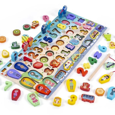 Bộ Đồ Chơi Gỗ Xếp Khối, Giáo Cụ Montessori Ghép chữ, Ghép số, Câu Cá, Ghép Hình Cho Bé WOODRABIT - Chính Hãng Toy kid