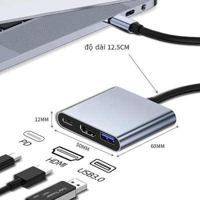 Hub chuyển đổi USB Type-C Sang USB 3.0/HDMI/Type C - Hub chuyển đổi 3in1 - Hàng Nhập Khẩu