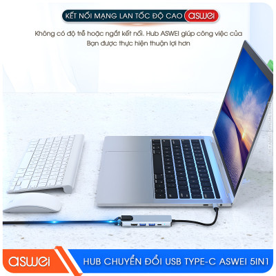 Hub Chuyển Đổi USB Type C ASWEI 5 in 1 - HDMI, USB 3.0, Lan, PD 100W Tốc Độ Cao - Hàng Chính Hãng