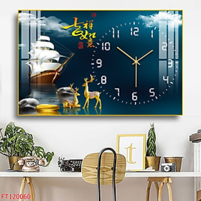 Tranh Đẹp Treo Tường Gắn Kim Đồng Hồ - Đồng Hồ Tráng Gương In Hình Phong Cảnh Và Hươu Đẹp