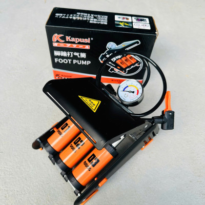 Bơm đạp chân xe đạp xe máy KAPUSI 3 ống xilanh bền đẹp - màu cam đen