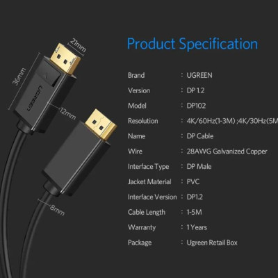 Ugreen UG10245DP102TK 1.5M Màu Đen Cáp 2 Đầu Displayport chuẩn V1.2 thuần đồng - HÀNG CHÍNH HÃNG