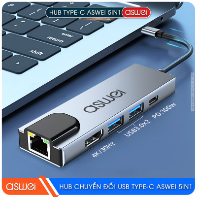 Hub Chuyển Đổi USB Type C ASWEI 5 in 1 - HDMI, USB 3.0, Lan, PD 100W Tốc Độ Cao - Hàng Chính Hãng