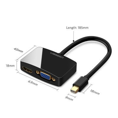 Ugreen UG10439MD108TK Màu Đen Bộ chuyển đổi Mini DP sang HDMI + VGA hỗ trợ phân giải 1080P - HÀNG CHÍNH HÃNG