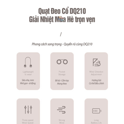Quạt đeo cổ gấp gọn DQ-210 mini bỏ túi, không dây cầm tay di động,thiết kế không vướng tóc, 3 cấp độ gió không cánh, hàng chính hãng
