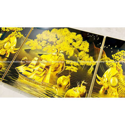 Tranh treo tường tráng gương trâu vàng tranh bo viền tranh phòng khách kèm đinh treo