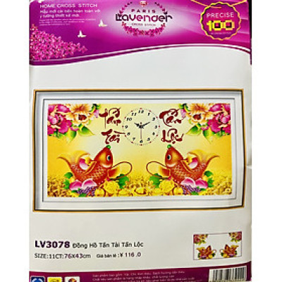 Tranh thêu chữ thập đồng hồ cá chép LV3078, kích thước 76 x 43 cm