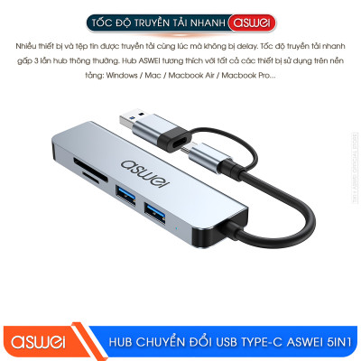 Hub Chuyển Đổi USB Type C ASWEI 5 in 1 - USB 3.0, SD, TF Tốc Độ Cao - Hàng Chính Hãng