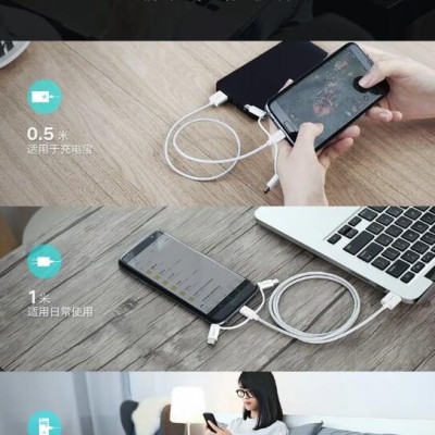 Ugreen UG40767US185TK 1m màu Bạc Cáp dữ liệu USB 3trong1 micro + lightning + mini USB + truyền dữ liệu từ máy tính ra điện thoại - HÀNG CHÍNH HÃNG