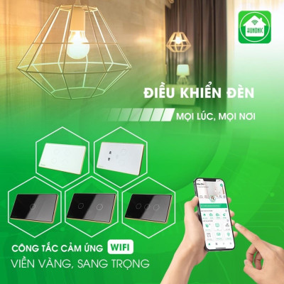 Công Tắc 2 Nút Wifi Kèm Ổ Cắm Hunonic Viền Vàng Bật Tắt Từ Xa Trên Điện Thoại & Ra Lệnh Giọng Nói