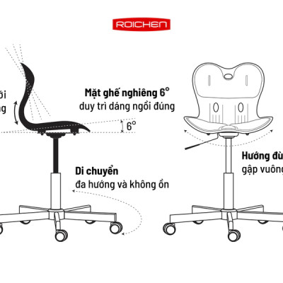 [Ghế Roichen WOW Minh Ngọc] Ghế chỉnh dáng ngồi đúng  có chân xoay Roichen - WOW Hàn Quốc. Màu nâu chân đen