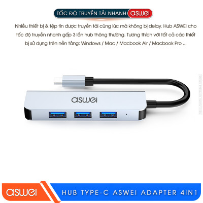 Hub Chuyển Đổi USB Type C ASWEI - 4 in 1, 5 in 1, 6 in 1, 7 in 1, 8 in 1 - HDMI, USB 3.0, PD, SD, TF, RJ45, Audio 3.5mm - Tốc Độ Cao, Hàng Chính Hãng