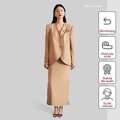 Áo blazer nữ vạt buông tròn đính kèm hoa cài thủ công  OLIVE thiết kế cao cấp WHITE CHIC