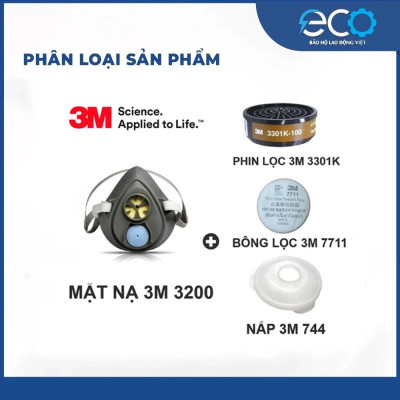 Bộ 4 món mặt nạ phòng độc 3M 3100/ 3200 + phin lọc 3M 3301K-100 + tấm lọc bụi 3M 7711 + nắp giữ tấm lọc 3M 774