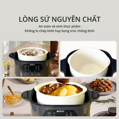 Nồi nấu chậm lòng sứ 3L Mishio MK397 kèm xửng hấp và 4 thố sứ tiện lợi không lo cháy khét hay bong tróc chống dính - Hàng chính hãng