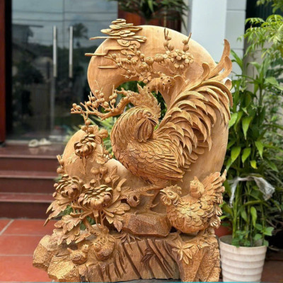 Tượng gia đình gà phong thủy bằng gỗ ngọc am kt 86×66×37cm