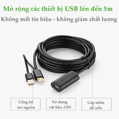 Ugreen UG20214US137TK 10M màu Đen Cáp tín hiệu nối dài USB 2.0 có chip khuếch đại hỗ trợ nguồn USB - HÀNG CHÍNH HÃNG