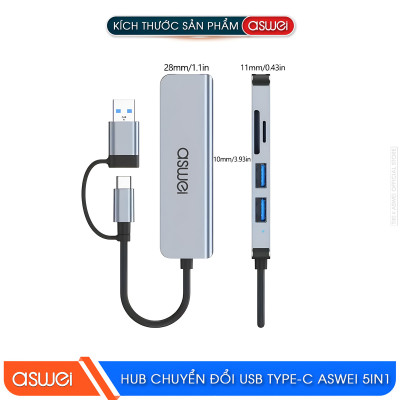 Hub Chuyển Đổi USB Type C ASWEI 5 in 1 - USB 3.0, SD, TF Tốc Độ Cao - Hàng Chính Hãng