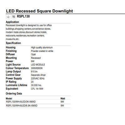 ĐÈN LED ÂM TRẦN VUÔNG LUMAX#RSPL130/W-9LED