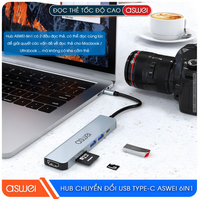 Hub Chuyển Đổi USB Type C ASWEI 6 in 1 - HDMI, USB 3.0, SD, TF, PD 100W Tốc Độ Cao - Hàng Chính Hãng