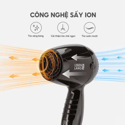 Máy sấy tóc mini Lebenlang LBL3083, chống xơ rối tóc bằng công nghệ ion 1200W, nhỏ gọn tiện lợi, tặng kèm túi đựng, bảo hành 2 năm - hàng chính hãng