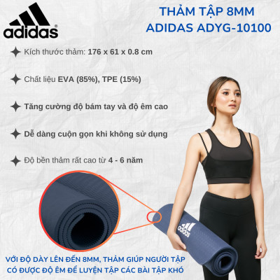 Thảm Tập Yoga, Fitness Chính Hãng ADIDAS ADYG-10100 - Thảm Tập Tăng Độ Bám Tay, Dày 8mm Độ Êm Cao