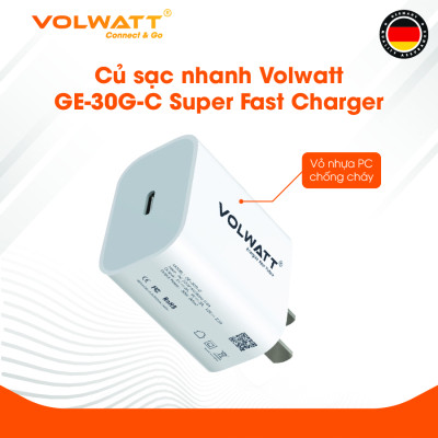 Củ sạc nhanh Volwatt GE-30G-C Super Fast Charger dùng cho iPhone/ Samsung/ OPPO... (30W, Type C, PD/ QC3.0 Quick charger) - Hàng chính hãng - Bảo hành 12 tháng